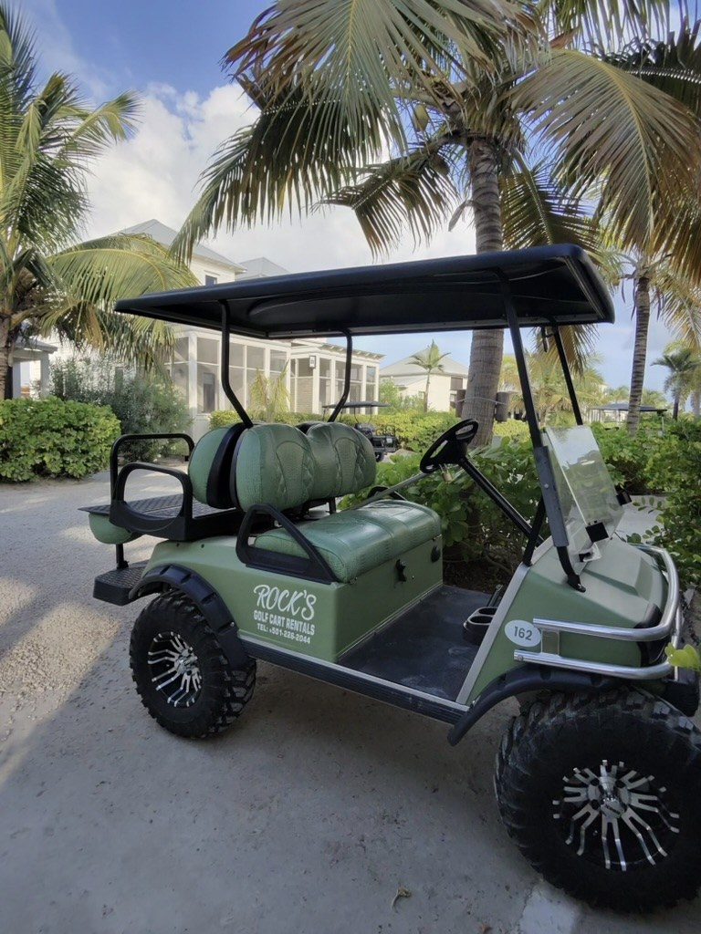 Green Rock's Golf Cart Rentals cart parked under palm trees