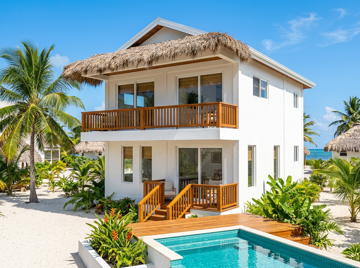 Artist’s rendering of Bonita Villa: a two-story white villa with a thatched roof, hardwood balcony and stairs, and a turquoise plunge pool among palm trees